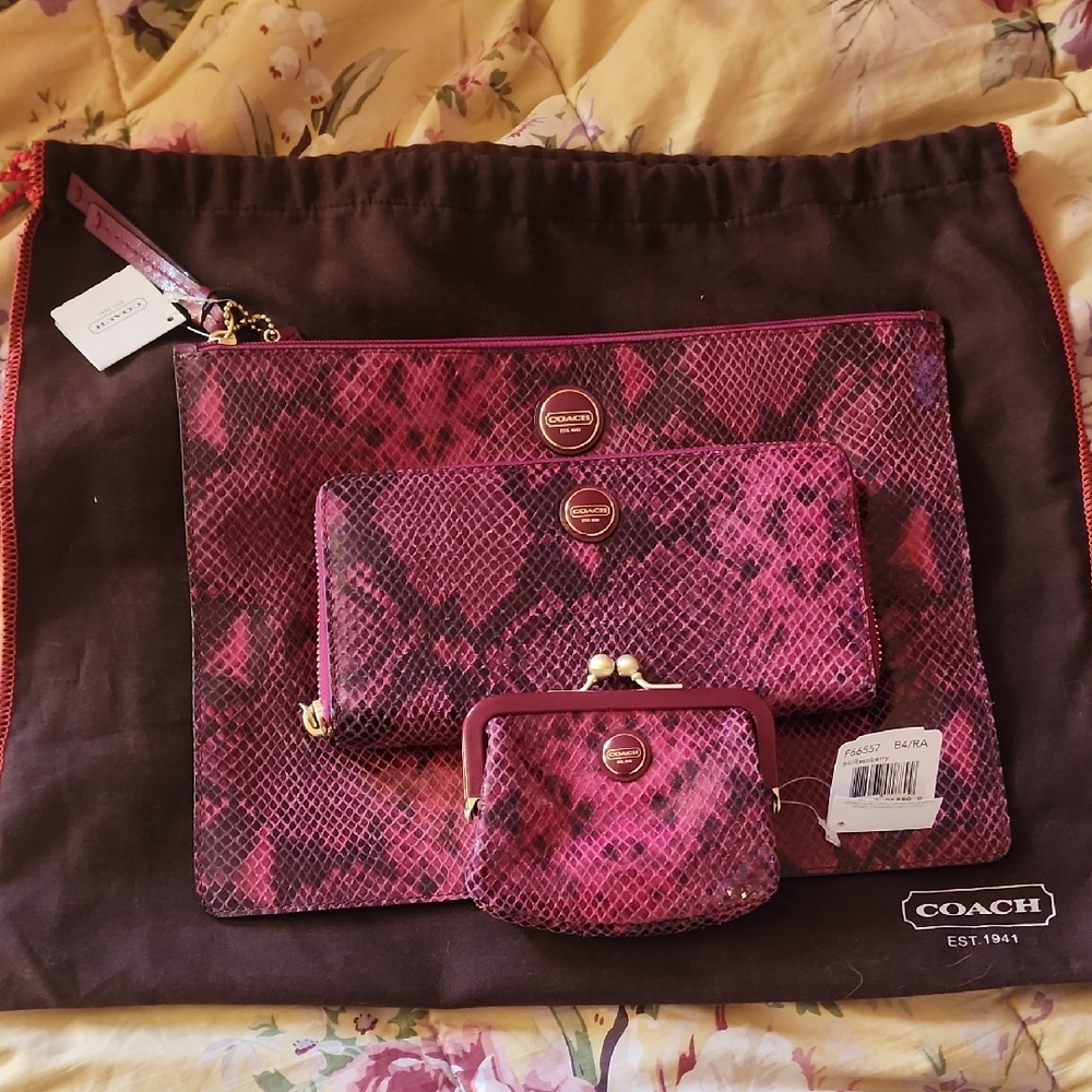 Brand New Snake Skin 3 Piece Coach Clutch, Wallet & Kisslock!